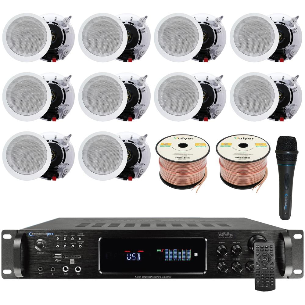 Home Theater System Kit by Vaiyer - 7.2 Channel 4500 Watts Bluetooth Amplifier w/ 10 QTY of 5.25" Framed Ceiling Speakers 175W Each , Mic, 16 AWG 500 ft Speaker Wire & Remote for Home, Office