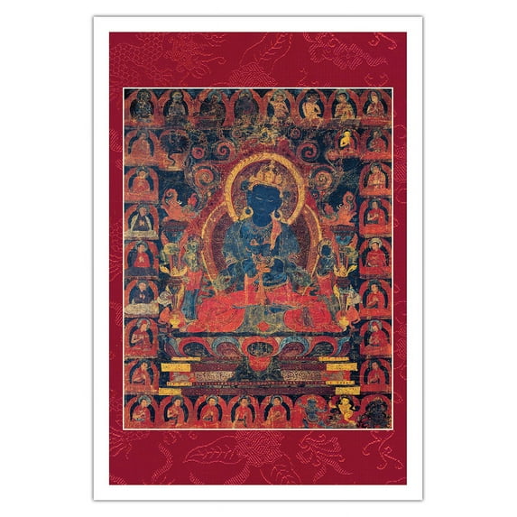 Vajradhara Buddha and the Sakya Lamdre Lineage - Buddhist Deity - Vintage Tibetan Thangka Buddhist Painting - Tibet, 13th Century - Fine Art Matte Paper Print (Unframed) 30x44in