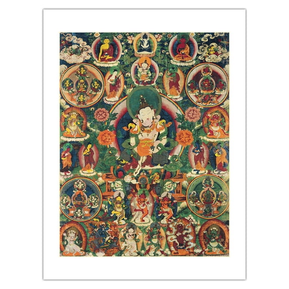 Vajrasattva with Consort Vajragarvi - Tantric Buddhist Deity - Vintage Tibetan Thangka Buddhist Painting - Tibet, 13th Century - Bamboo Fine Art 290gsm Paper (Unframed) 12x16in
