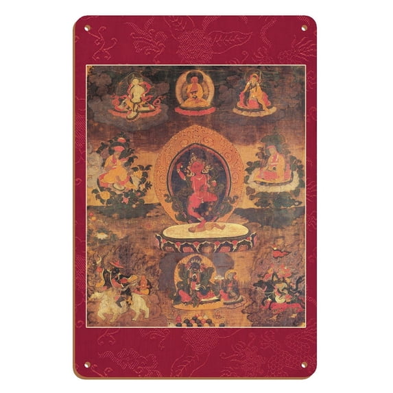 Vajrayogini - Buddhist Tantric Deity in Dancing Posture - Vintage Tibetan Thangka Buddhist Painting - 8 x 12 inch Vintage Wood Art Sign
