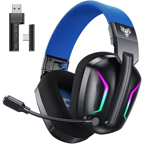 2.4GHz+ Wireless Gaming Headset for PS5 PS4 PC USB & Type-C Bluetooth Headphones with Flip Microphone 50H Battery Life Noise Canceling Mic Gamers Headset for Laptop Switch Mac Mobile Blue