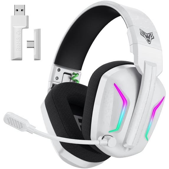 Vakedy Wireless Gaming Headset with Mic for PS5 PS4 PC Switch Mac Phone, 60H Playtime All-Day Play, Noise Canceling Mic, 2.4GHz + Bluetooth, 23ms Sync for Gamers,White