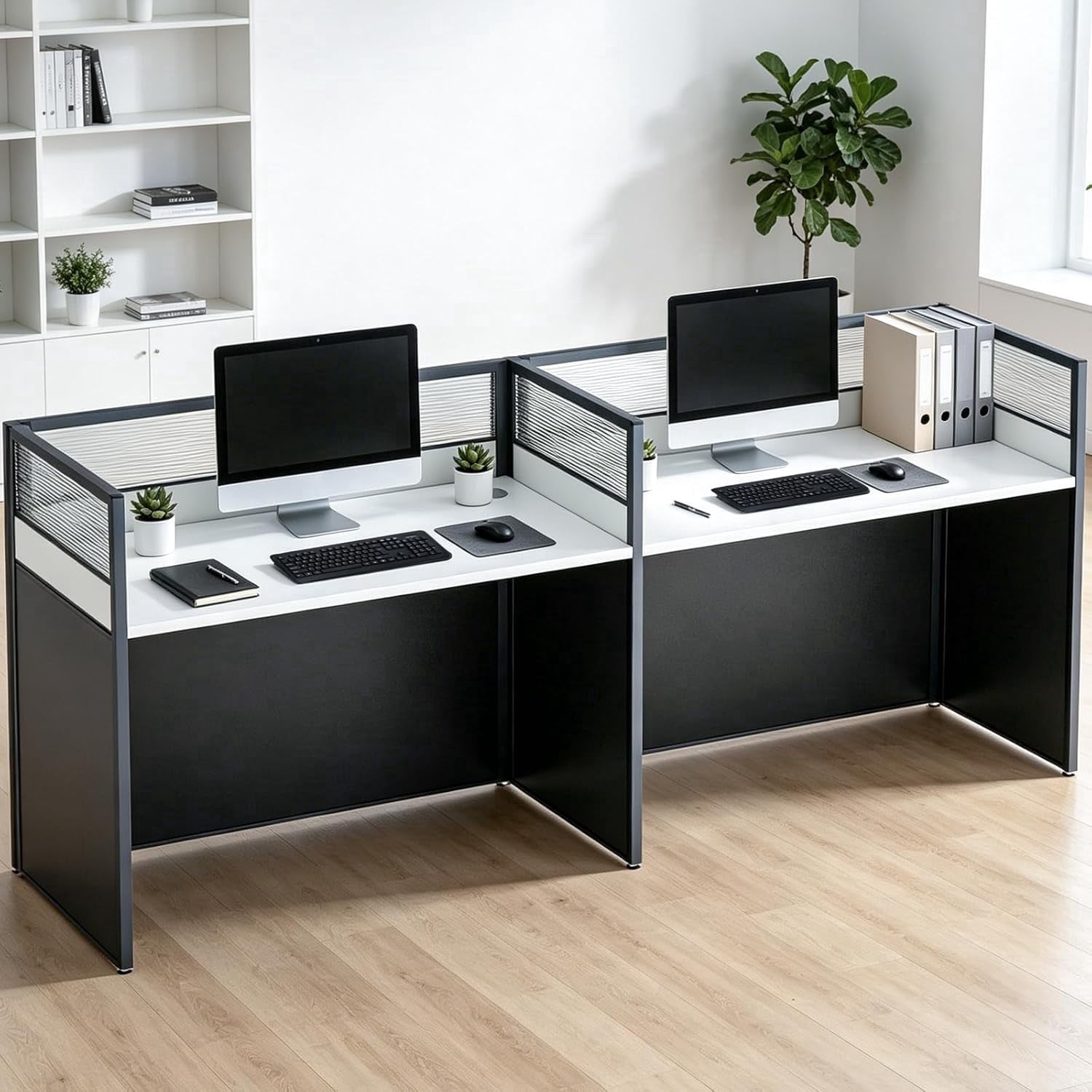 Vakiorn 2 Person Office Cubicle Workstation 96.8 inch Dual Desk with Privacy Panels 25mm Thick Top Adjustable Feet Cable Management for Home Commercial Black White