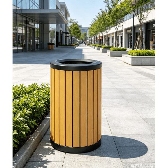 Vakiorn 20 Gallon Steel Garbage Bin Commercial Outdoor Wood Look Finish Leak Proof Inner Liner All Weather Powder Coated for Park School Mall Hotel