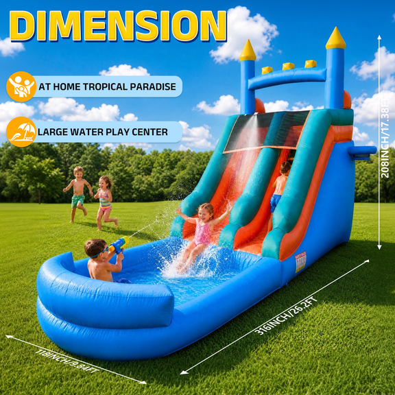 Vakiorn 26 ft Water Slide for Adults Kids Heavy Duty PVC Inflatable Airtight Pool 950W Blower for Backyard Outdoor Blue