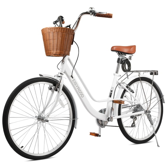 Vakiorn 26 inch Women's Beach Cruiser Bike 7 Speed Adult Bicycle Woven Basket Rear Rack Comfort Padded Seat Adjustable Height V Brake for Parks City Streets Seaside White