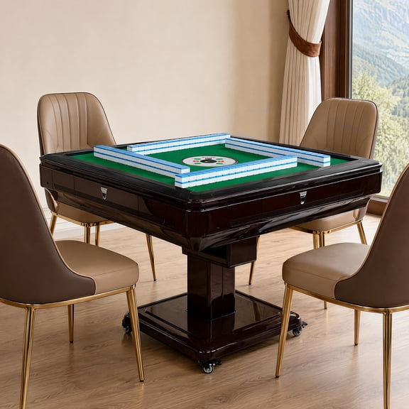 Vakiorn 4 in 1 Premium Home Mahjong Game Station Automatic Shuffling Table 2 Sets Tiles 2 Decks Cards Poker Chips Soft Mat Cup Holders USB Charging Lockable Casters for Family Gaming Dining Work