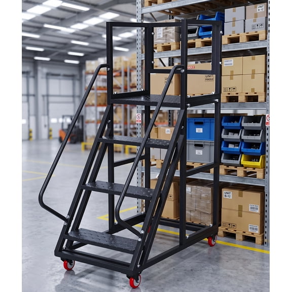 Vakiorn 4 Step Rolling Ladder 1100 lbs Steel Safety Handrails Lockable Casters Anti Slip Pedals for Home Store Library