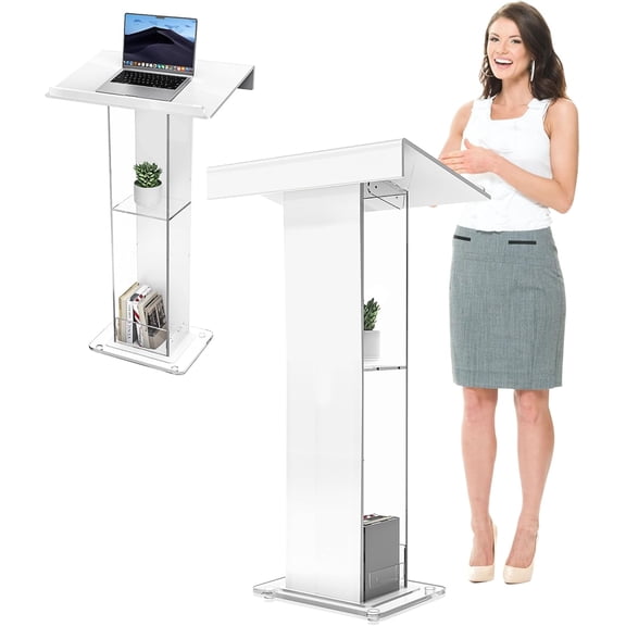Vakiorn 45inch Transparent Acrylic Podium Stand Church Pulpit with 2 Storage Shelves for Classroom Conference Wedding