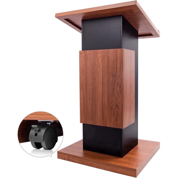 Vakiorn 46in Wooden Portable Podium with Lockable Wheels Storage Space and Reserved Wire Hole for Church Office School Conference