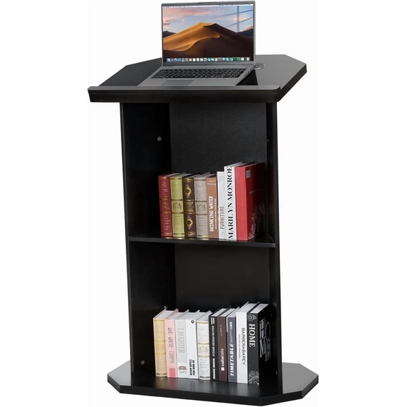 Vakiorn 46inch Wooden Podium with 2-Tier Shelf Reading Platform Reserved Wire Hole for Conference Office School Restaurant Black