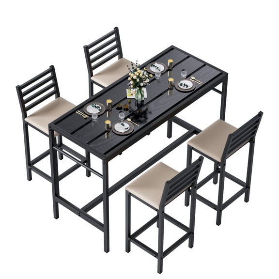 Vakiorn 5Piece Outdoor Bar Table Set 50inch Rectangular with 4 Backrest Bar Chairs for Kitchen Restaurant Office