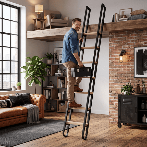 Vakiorn 9.2 ft Loft Ladder 7 Steps Steel Handrails Wood Steps Adjustable 7.2 8 ft Height 460 lbs for Attic Kitchen Bookshelf