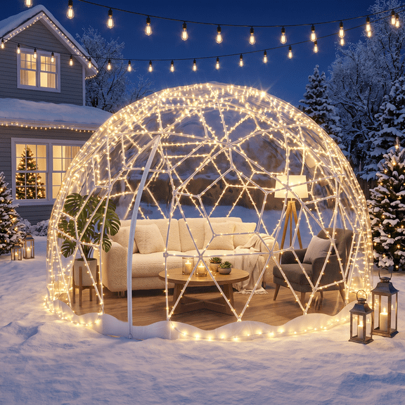 Vakiorn 9.7 ft Garden Dome Tent Clear TPU Bubble with LED Lights 2- 4 Person All Season for Backyard Patio Camping White