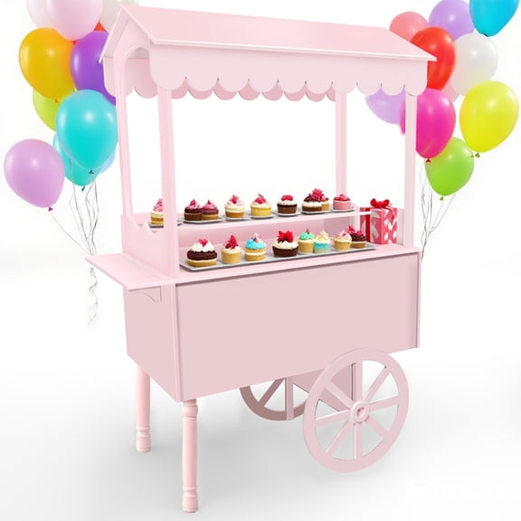 Vakiorn Candy Cart Display Stand Pink Solid Wood Vintage with Shelf Wheels 100 Balloons for Party Wedding Birthday Christmas