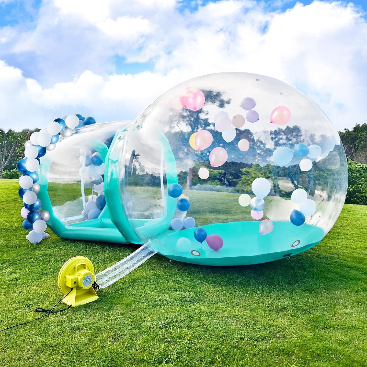 Vakiorn Cyan Inflatable Bubble House 10 ft Clear PVC Dome with Tunnel and Air Pump Kids Playhouse for Yard Party Decoration