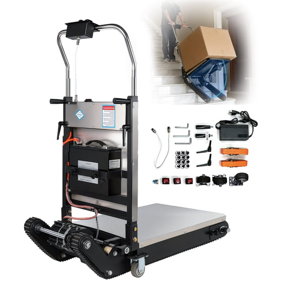 Vakiorn Electric Stair Climbing Dolly 900 LBS Capacity 1200W Motor Rubber Tracks Adjustable Pallet Removable 12Ah Battery for Moving Warehouse Logistics Stair Transport Black