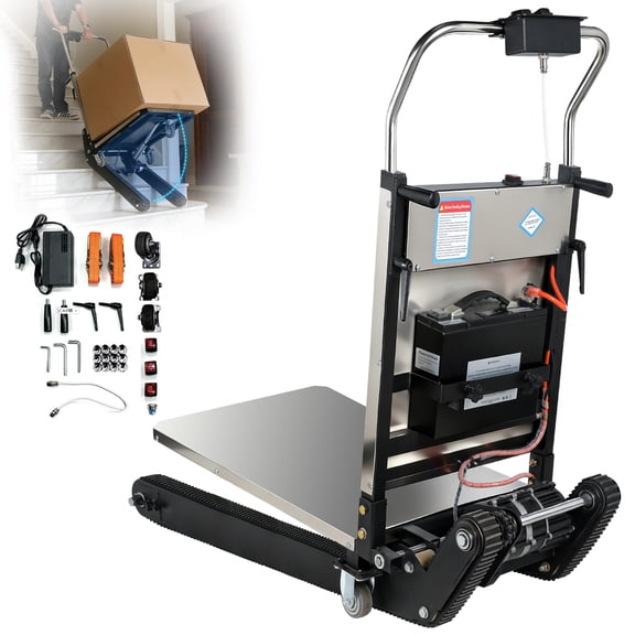 Vakiorn Electric Stair Climbing Dolly 900 lbs Capacity 1200W Motor Rubber Tracks 2 Wheels Adjustable Pallet 12Ah Battery for Warehouse Moving Stair Transport Black