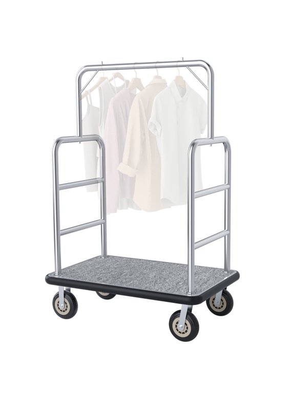 Brushed Stainless Steel Hotel Luggage Cart 1300 lbs Capacity Commercial Grade Grey Carpeted Deck for Hotels
