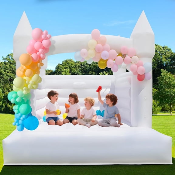 Vakiorn Indoor Outdoor Bouncy Castle 13.78 ft White PVC with 750W Blower and Basketball Set Kids Bounce House for Party