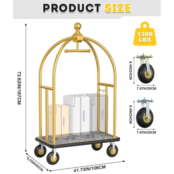 Vakiorn Industrial Luggage Cart 1300 LBS Capacity Commercial Grade Folding Silent Wheels Non Slip Surface for Airport Hotel Office School Gold