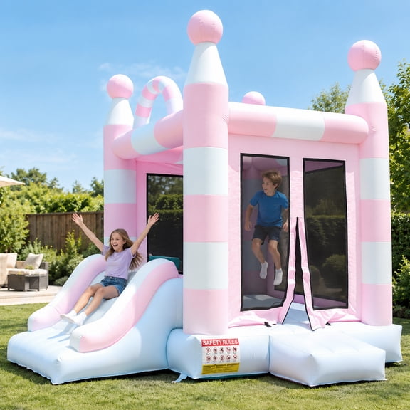 Vakiorn Inflatable Bounce House with Slide Pink White Castle Bouncer 153x141x141 inch Large Jumping Castle with Blower for Backyard Birthday Party Indoor Outdoor