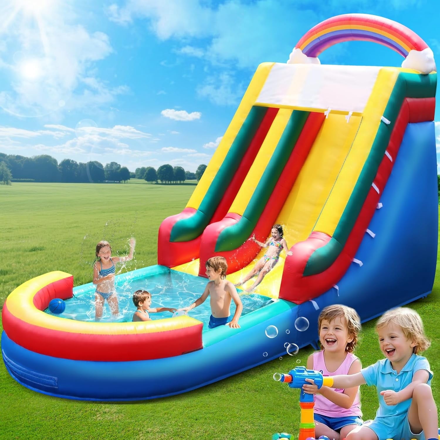 Vakiorn Inflatable Commercial Water Slide 21x12x9 ft 100% PVC with Pool and Air Blower Wet Dry Use Rainbow