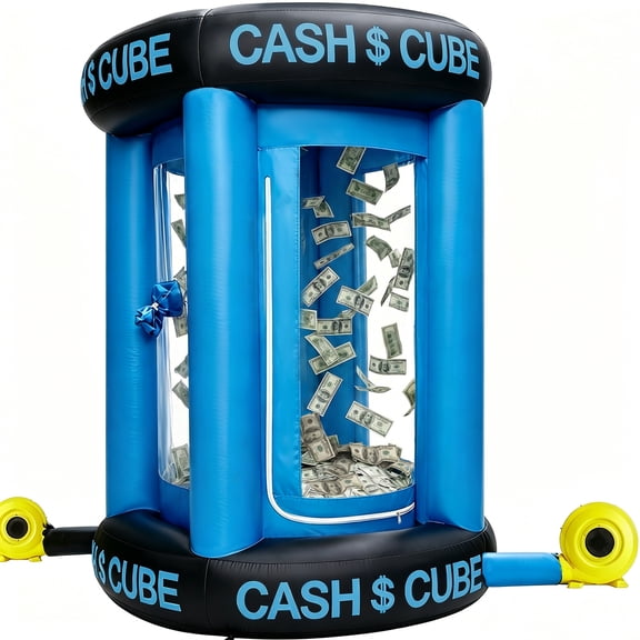 Vakiorn Inflatable Money Booth 8x5.97 ft Clear PVC Dual Blower 550W 950W Cash Cube Double Zipper for Birthday Party Event Blue