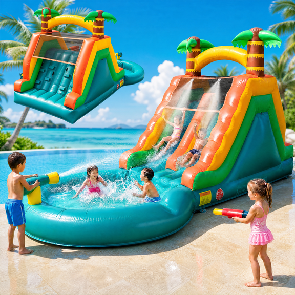 Vakiorn Inflatable Water Slide Park 22ft Long Double Lane 10.5m² Deep Splash Pool for Backyard Party Summer Fun