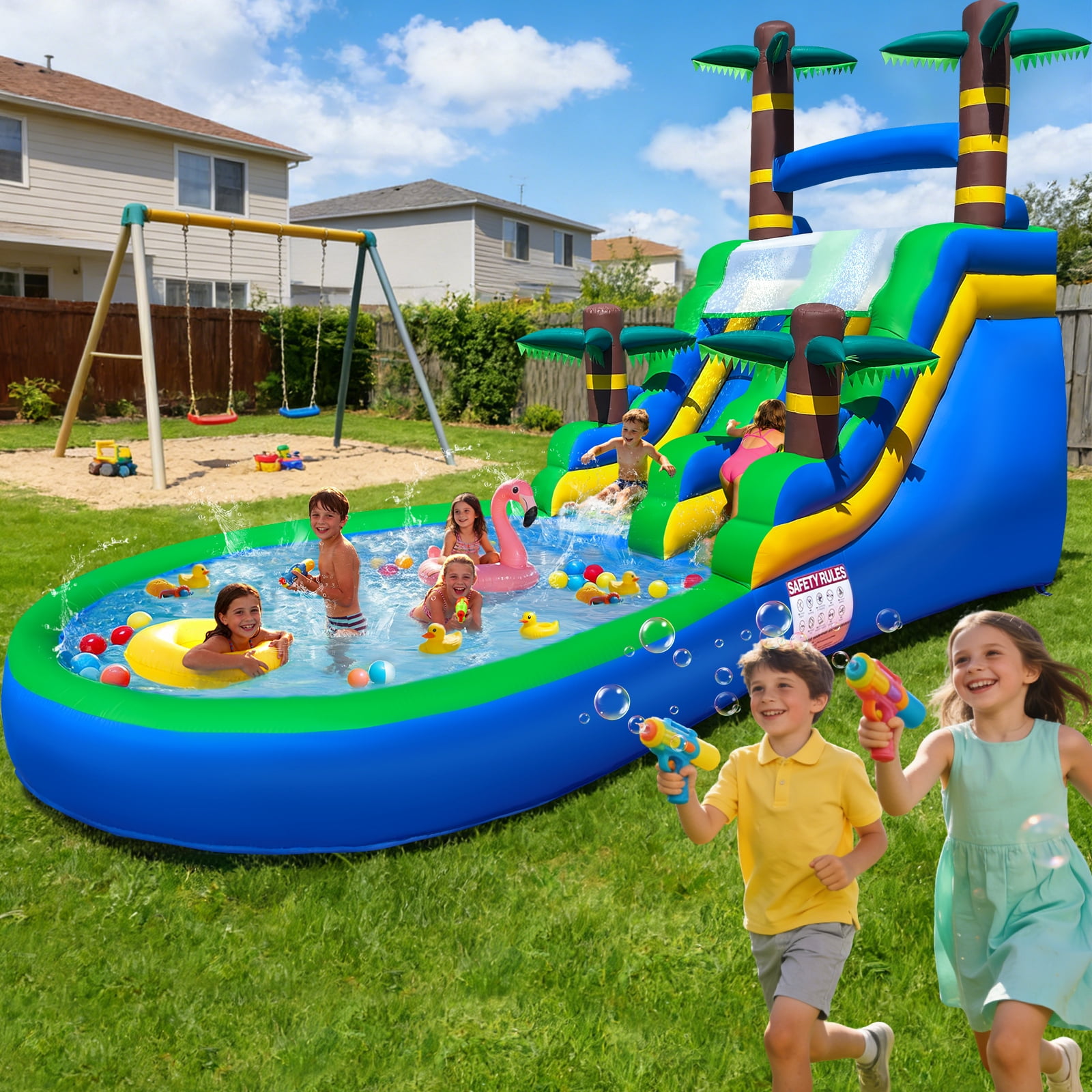 Vakiorn Inflatable Water Slide Park 25ft Long Double Lane 1M Wide Lanes Deep Splash Pool Fast Setup for Backyard Party Summer Fun