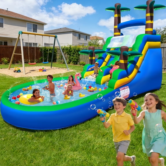 Vakiorn Inflatable Water Slide Park 25ft Long Double Lane 1M Wide Lanes Deep Splash Pool Fast Setup for Backyard Party Summer Fun