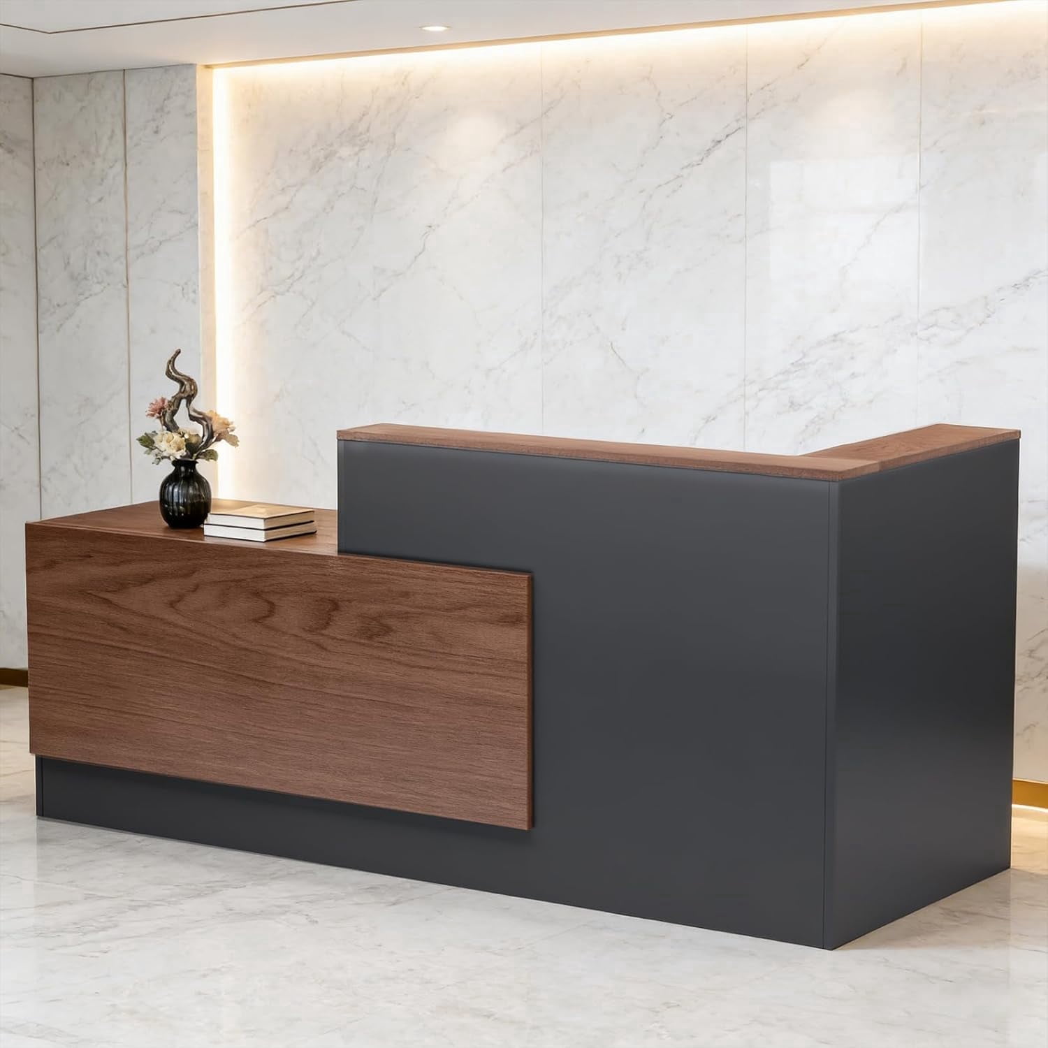Vakiorn L Shaped Modern Wooden Commercial Reception Desk 71 inch with Counter Shelves Storage Drawers for Office Home Brown Black Left