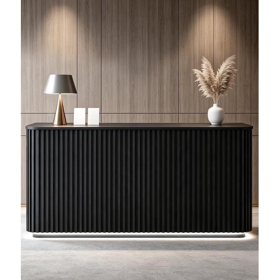 Vakiorn L Shaped Reception Desk 78 inch LED Light Commercial Check in Counter Built in Power Outlet Double Work Surface No Assembly Required for Office Salon Coffee Shop