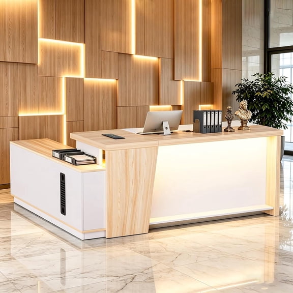 Vakiorn L Shaped Reception Desk with LED Lights Hidden Power Outlet Modern Front Desk Combination Lock Cabinet for Lobby Beauty Salon Spa Office