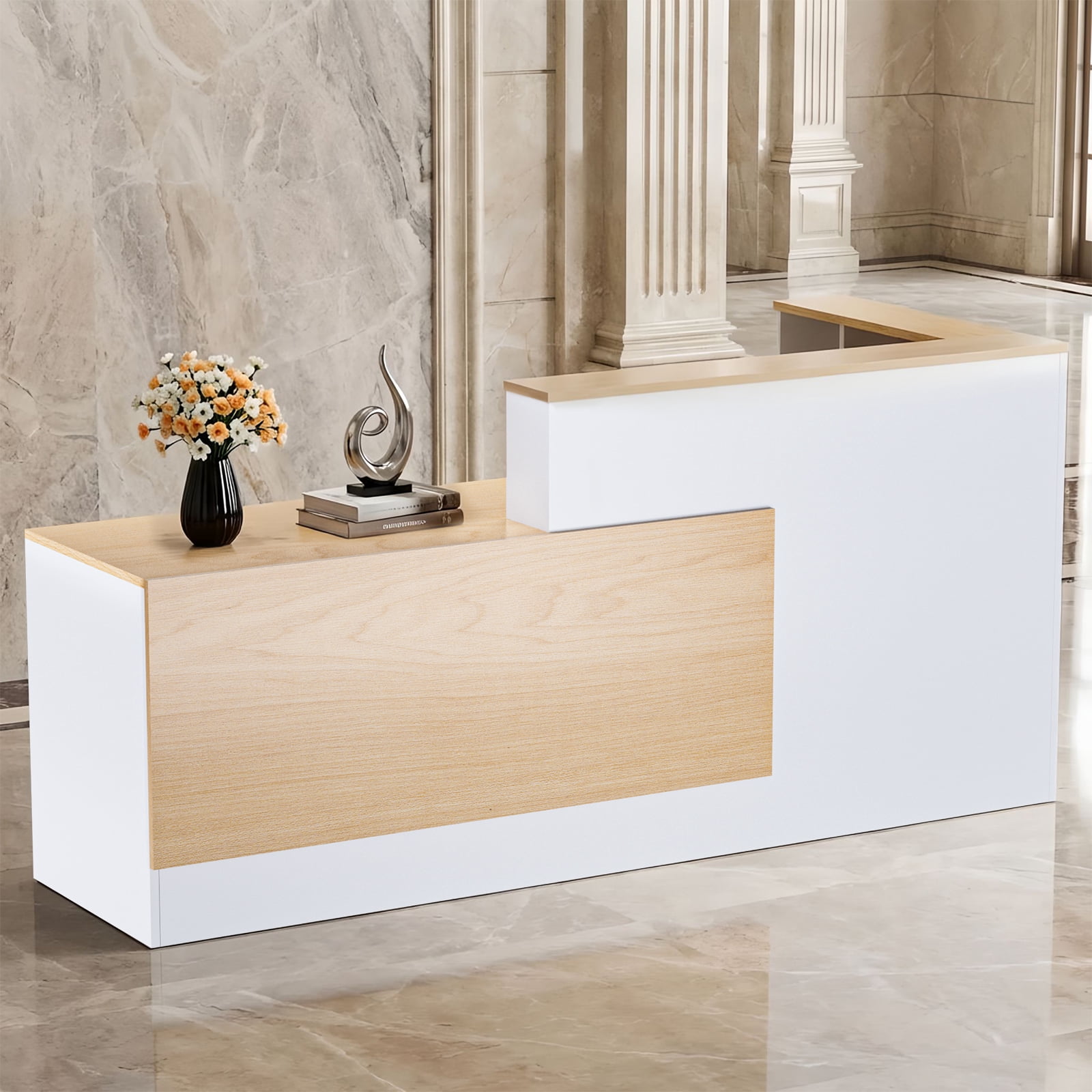 Vakiorn L-Shaped Wooden Reception Desk Lockable Drawers Storage Keyboard Tray 71in for Office Lobby Checkout Left Natural Wood White