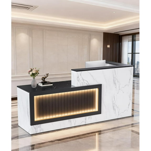 Vakiorn L Shaped Wooden Reception Desk with LED Lights 71x24x41in Lockable Drawers Storage Keyboard Tray
