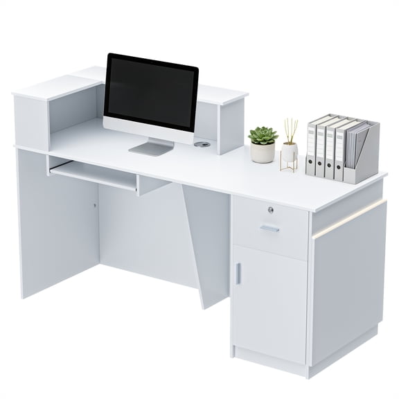 Vakiorn LED Reception Desk 63 inch Spacious Computer Desk RGB Ambient Lighting Remote Control Large Storage Cabinet Smooth Drawers Wood Construction for Office Hotel Front Desk