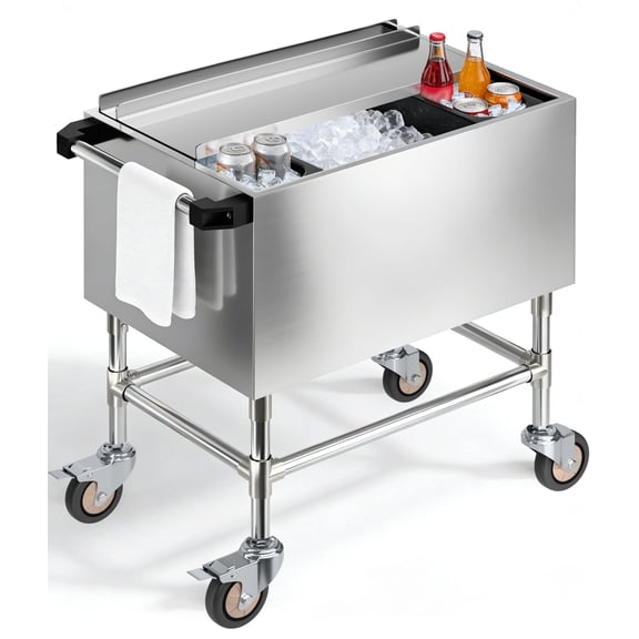 Vakiorn Large Rolling Cooler Cart Stainless Steel Ice Chest with Wheels Premium Insulated Beverage Cooler Sliding Lid Cup Holders Bottom Drain Ergonomic Handle for Party BBQ Tailgate Outdoor