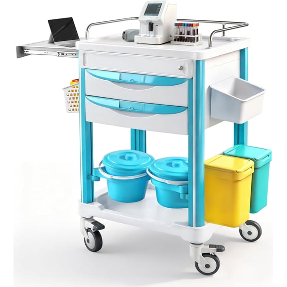 Vakiorn Mobile Rolling Crash Cart with Brakes Silent Swivel Wheels 2 Dividers Drawers Waste Bucket White