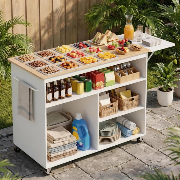 Vakiorn Mobile Wooden Buffet Cart with 12 Stainless Steel Food Pans Foldable Prep Surface Towel Rack 360 Lockable Wheels for Party Catering Kitchen Storage