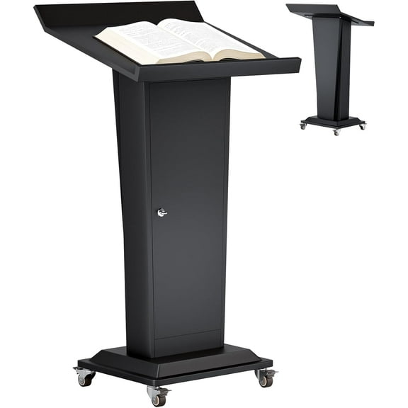 Vakiorn Podium Lectern with Wheels 44in Iron Lockable Double Layer Storage for Classroom Office Conference Wedding Black