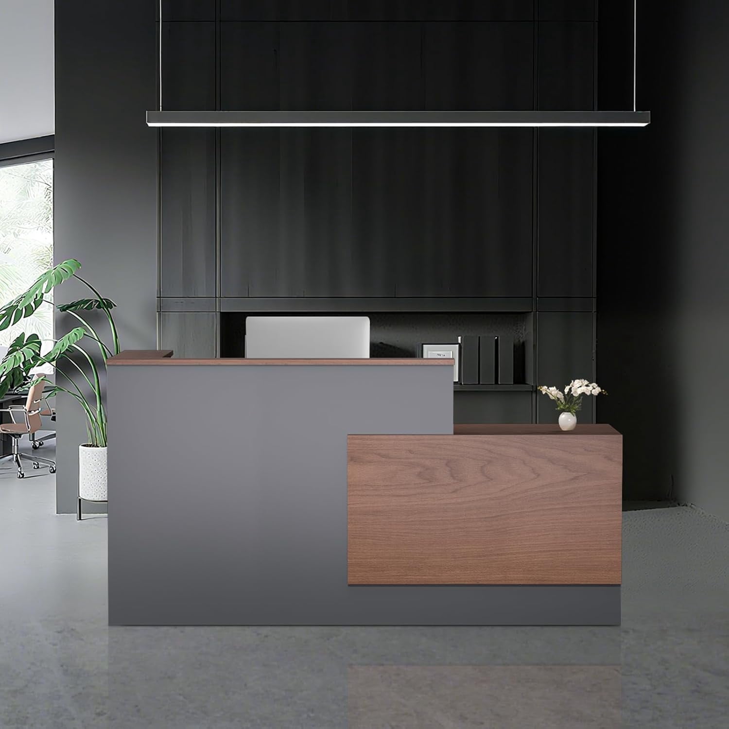 Vakiorn Reception Desk L Shaped Lockable Drawers Keyboard Tray Front Counter Table for Office Salon Lobby Walnut Right 71 inch