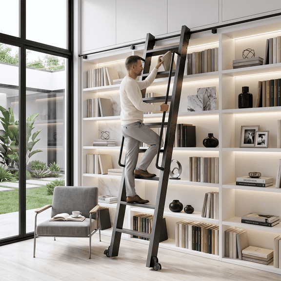 Vakiorn Sliding Library Ladder 8 Steps 450 lbs Rolling Aluminum Alloy Lockable Casters Safety Clip for Archive Showroom Closet