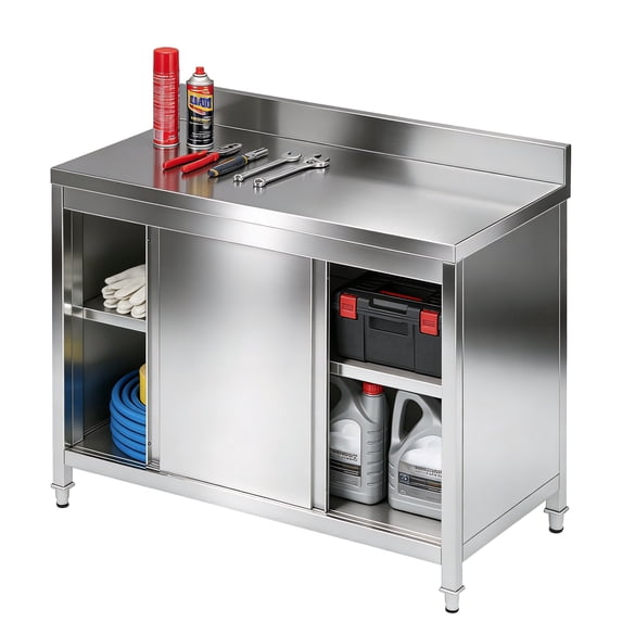 Vakiorn Stainless Steel Work Table with Cabinet 440 LBS Capacity Heavy Duty Adjustable Feet for Kitchen Restaurant Garage