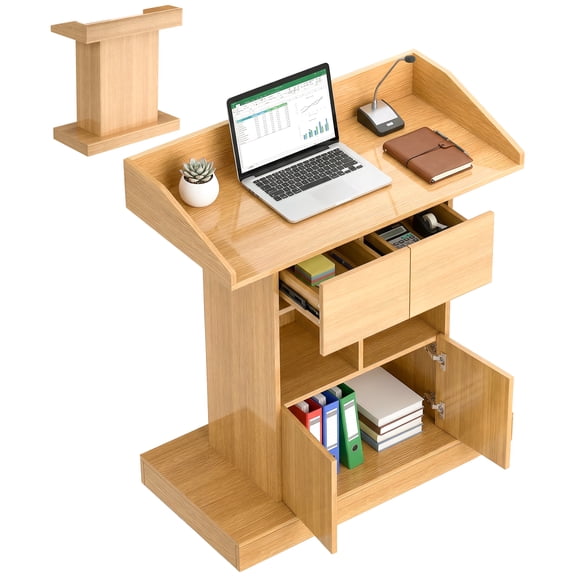 Vakiorn Wooden Podium with Storage 3 Tier Lectern Double Drawers Spacious Workbench 265 LBS Capacity 15mm Particle Board for Church Classroom Conference Office