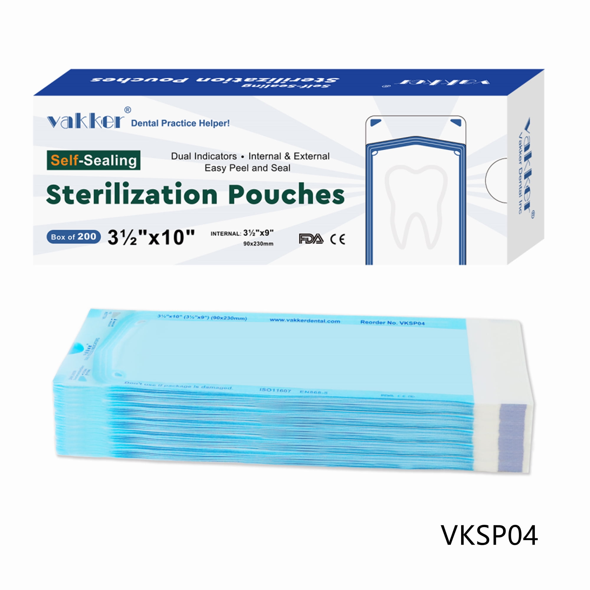 Vakker (3.5" x 10" 200pcs) Self Sealing Sterilization Pouches Autoclave