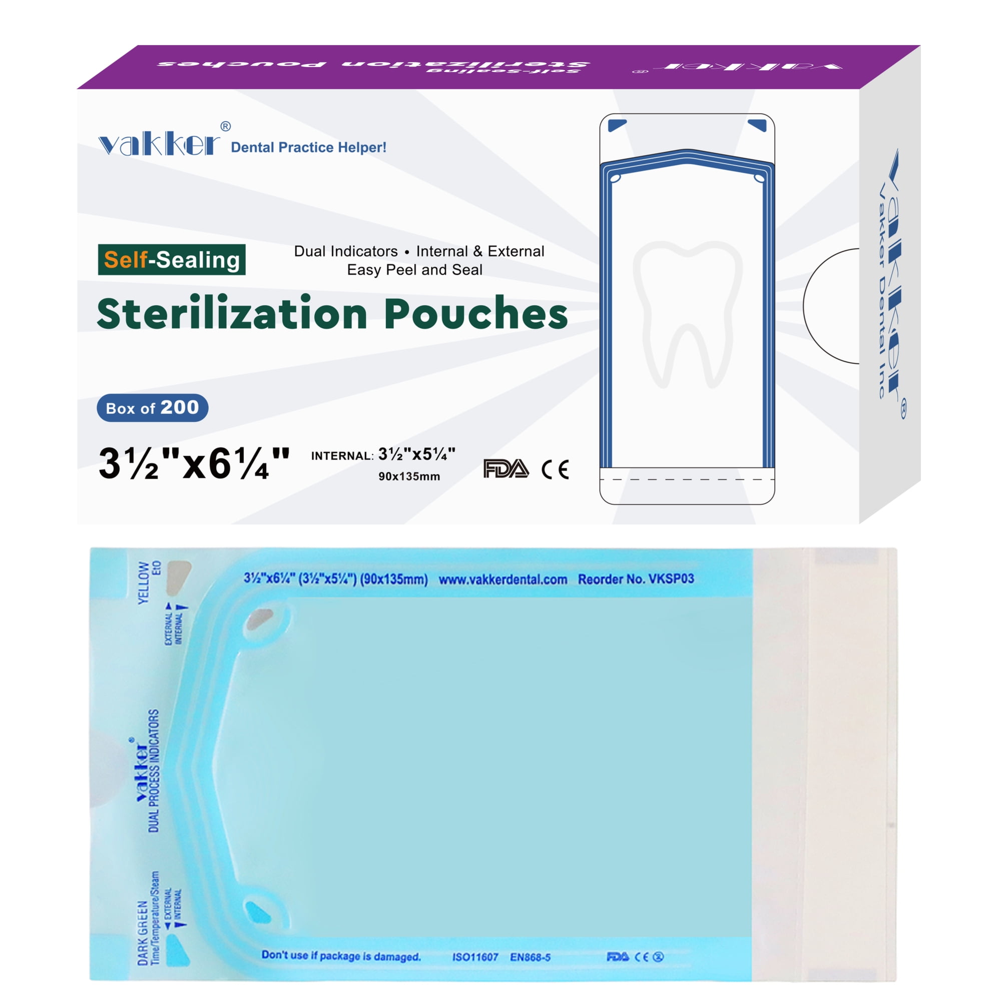 Vakker (3.5" x 6.25" 200pcs) Self Sealing Sterilization Pouches Autoclave Sterilizer Bag Pouch