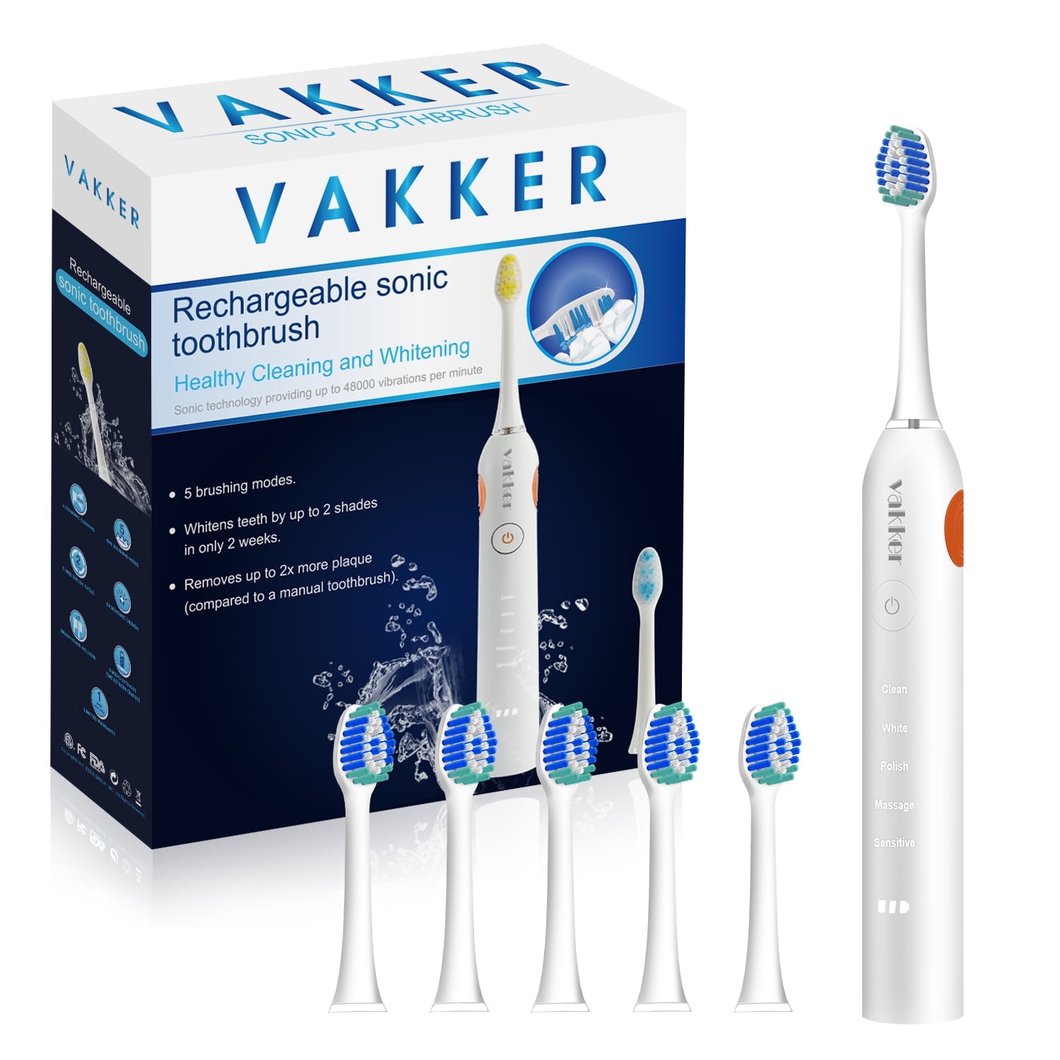 Vakker Sonic Electric Toothbrush for Adult with 6 replace Heads, Rechargeable Toothbrush with Charge Base, IPX7 Waterproof, Compatible with MySmile Toothbrush Head