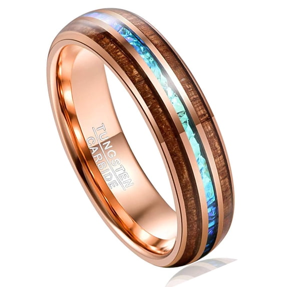 Vakki 6mm Hawaiian Koa Wood Tungsten Rings Rose Gold Dome Abalone Shell/Blue Center Wedding Bands for Men Women