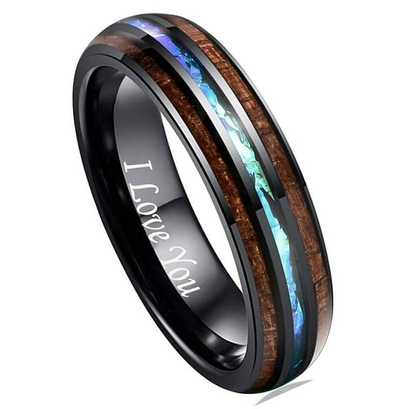 Vakki 6mm Tungsten Wedding Band Ring Men Women Hawaiian Koa Wood Dome Abalone Shell